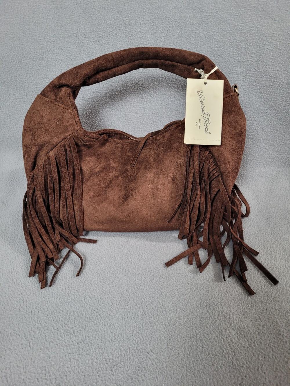 Universal Thread Soft Fringe Crescent Handbag Brown Faux Suede Button Closure